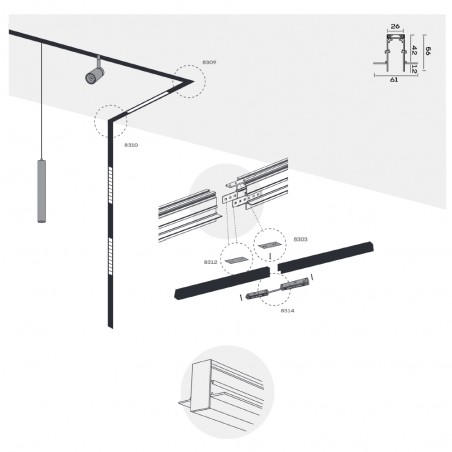 Carril magnético empotrable Magneto 48V. (1 metro)