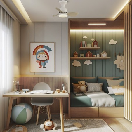 Ventilador de techo LED Fonfu Blanco+Madera CCT Dim (20W)
