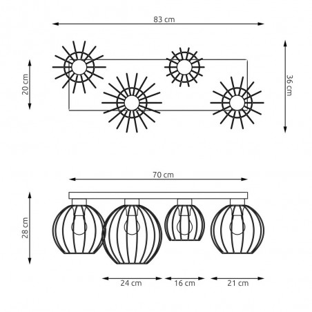 Plafón de techo Indo Negro (4 luces)