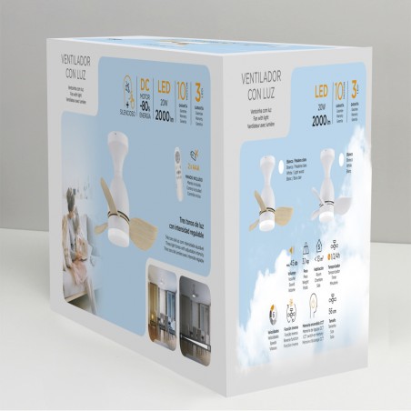 Ventilador de techo LED Fonfu Blanco+Madera CCT Dim (20W)