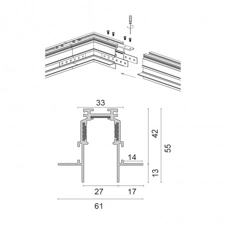 Carril magnético empotrable Magneto 48V. (1 metro)
