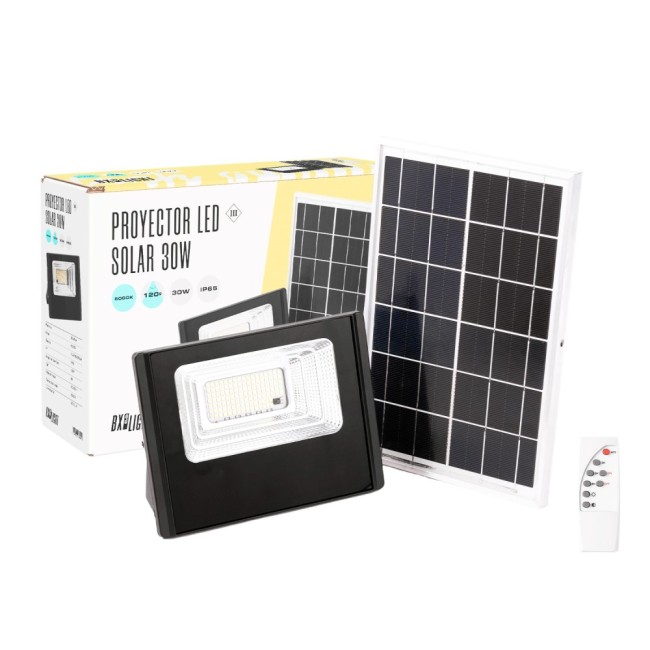 Proyector LED Solar 30W 6500K Panel: 6V/6W Batería: 3,2V/3000MaH Control Remoto