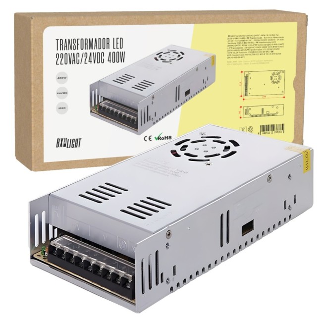 Transformador 220VAC a 24VDC 400W 16.5A IP20 con Ventilador