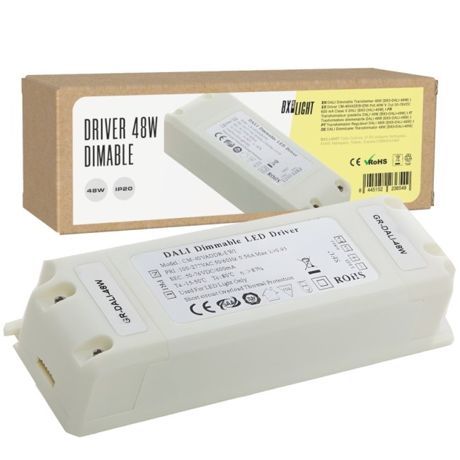Driver LED DALI 48W, 50-76VDC, 600mA, Clase II, IP25