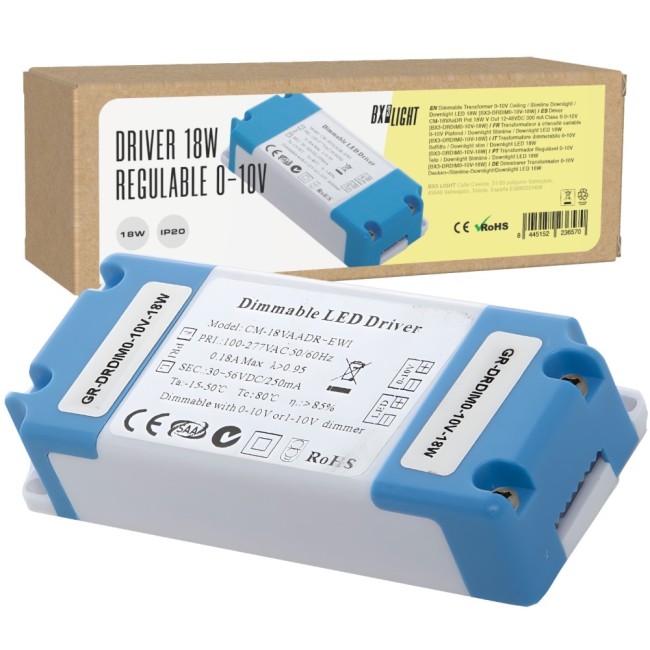 Driver regulable 18W, salida 12-48VDC, 300mA, IP20, 0-10V