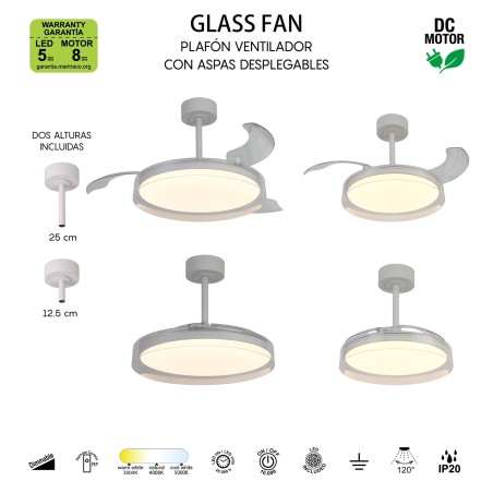 Ventilador LED aspas desplegables Glass Fan CCT Dim (40W)